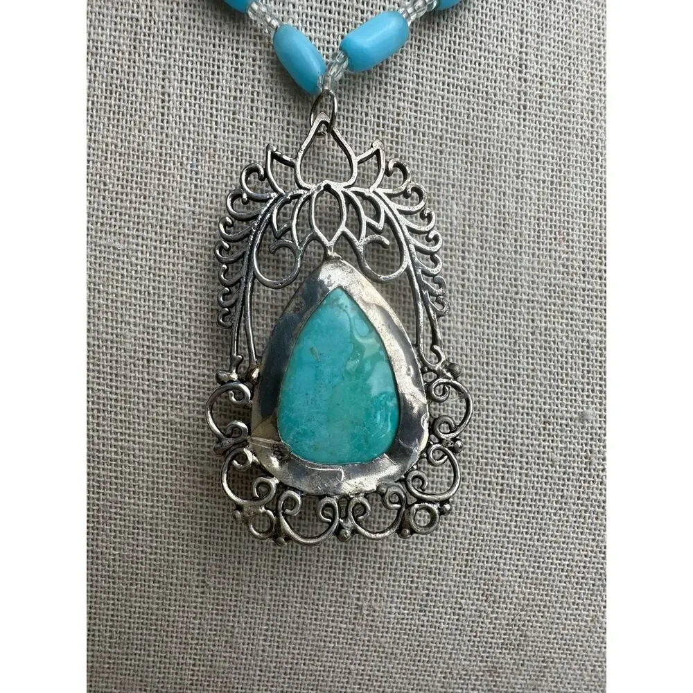 Sterling 925 Turquoise Teardrop Handmade Rustic Pendant Large Ornate Southwest